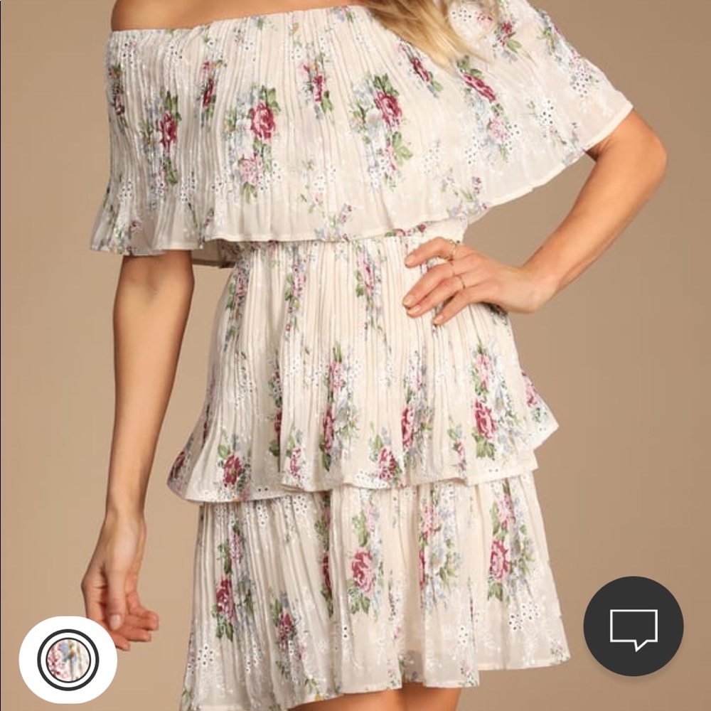 Beige Floral Ruffle Off-the-Shoulder Dress - Picture 2 of 6